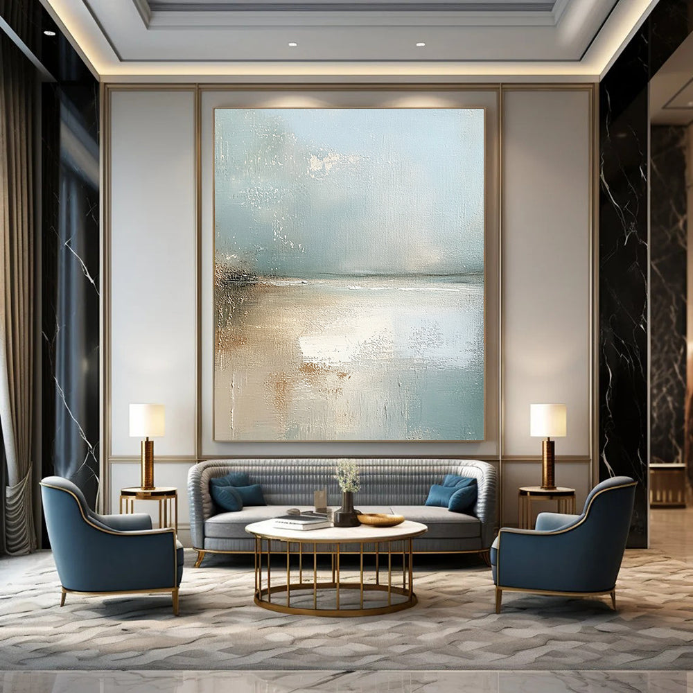Contemporary abstract painting showcasing an Irish beach with light blue and neutral tones featuring soft edges and a serene atmosphere. DLZ0460