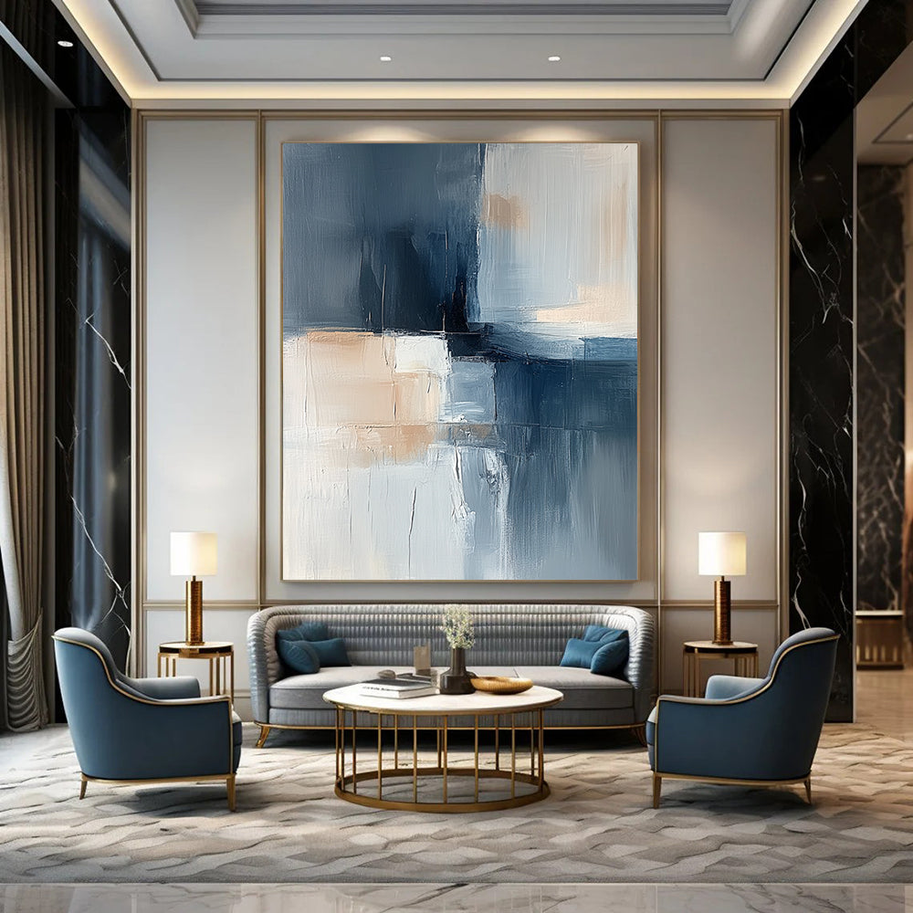 Contemporary hand-painted abstract artwork featuring soft blue gray and beige tones with layered shapes and a central dark element exuding calmness and minimalism. DLZ1052
