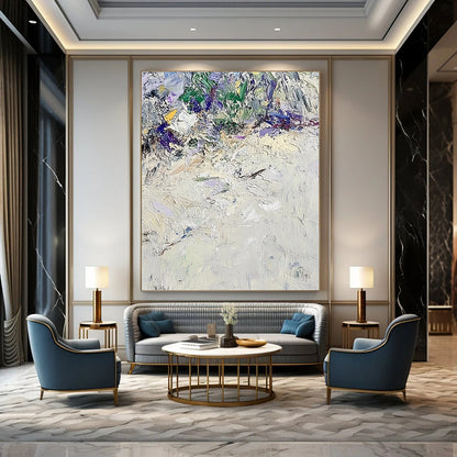 Large contemporary hand-painted abstract artwork featuring textured white sand with vibrant green and purple accents in the style of Claude Monet. DLZ0675