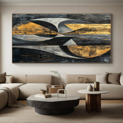 Gray, Black, Gold and Silver Geometric Abstraction "Mystic Geometry" Painting On Canvas HB397