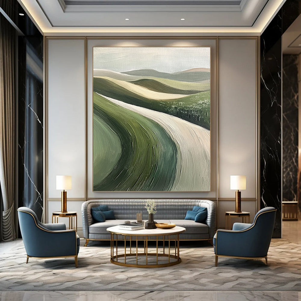 Contemporary hand-painted abstract art featuring rolling green hills, textured brushstrokes, muted colors, soft focus, and a minimalist impressionist style. DLZ1107