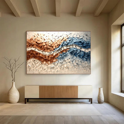 “Textured Copper - Blue Waves” - Copper, Blue, White, 3D Wave - Patterned Abstract Painting On Canvas HB0979