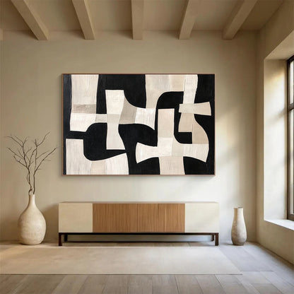 “Monochrome Geometric Interplay” - Black, White, Beige - Abstract Geometric Puzzle - Acrylic Painting HB1312
