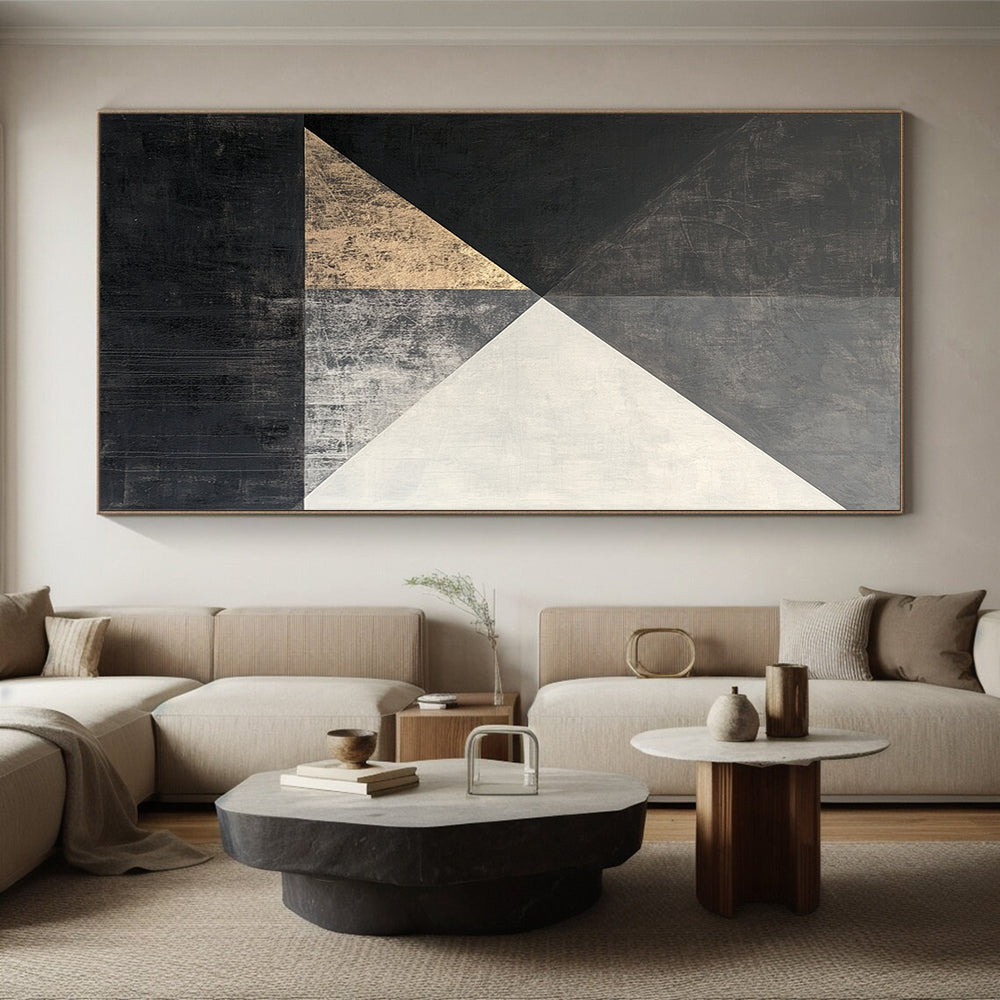 Black, White, Gray, Gold, Triangular Geometry "Gilded Triangle Tango" Abstract Cubist - Inspired Painting On Canvas HB122