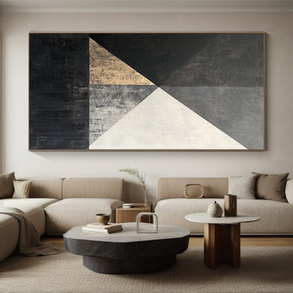 Black, White, Gray, Gold, Triangular Geometry "Gilded Triangle Tango" Abstract Cubist - Inspired Painting On Canvas HB122