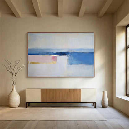 “Soft Horizon” - Blue, Pink, Gold, Minimalist Abstract Landscape Painting On Canvas HB1057