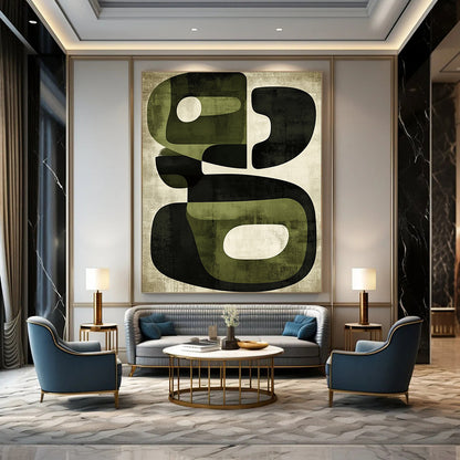 Contemporary hand-painted abstract art features organic shapes in olive green and black with a textured retro design reflecting mid-century modern aesthetics. DLZ0500