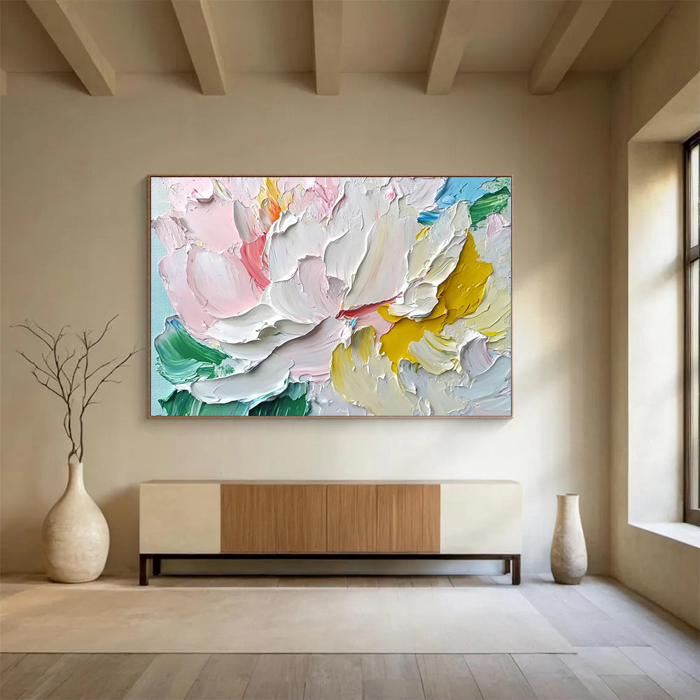 “Textured Pastel Peony” - Pastel Palette, Textured Peony Flower Painting On Canvas HB0876