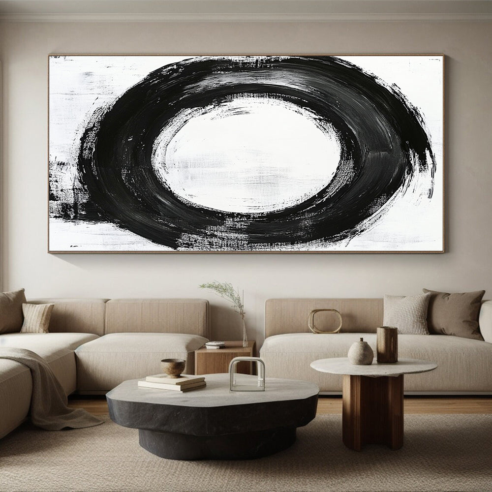 Black, White, Refined Circular Stroke "Pure Enso" Abstract Minimalist Painting On Canvas HB045
