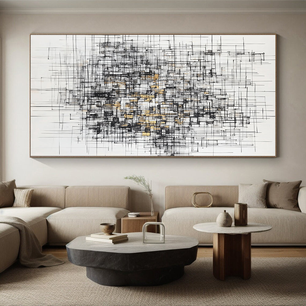 Black, White, Gray, Gold, Interwoven Lines "Gilded Urban Tapestry" Abstract Expressionist Painting On Canvas HB131