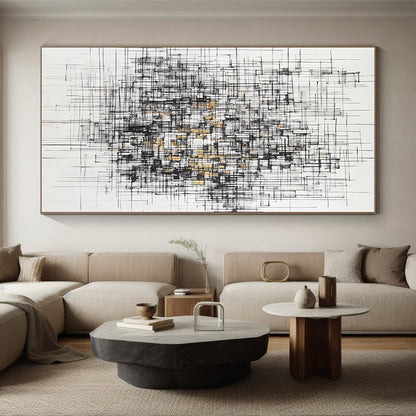 Black, White, Gray, Gold, Interwoven Lines "Gilded Urban Tapestry" Abstract Expressionist Painting On Canvas HB131