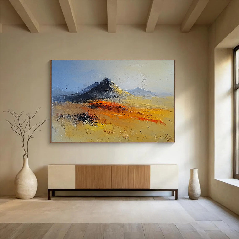 “Desert Mountains” - Vibrant Oranges, Yellows, Blues, Textured Desert and Mountains - Oil Painting HB1609