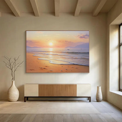 “Vibrant Beach Sunrise” - Orange, Pink, Gold, Realistic - Impressionist Seaside Painting On Canvas HB0677