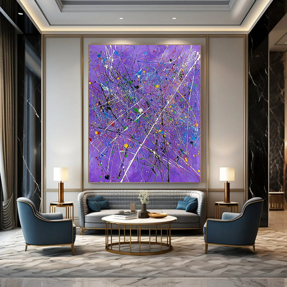 Contemporary abstract art features a vibrant purple backdrop with expressive white lines and colorful splatters, perfect for elevating any space. DLZ0720