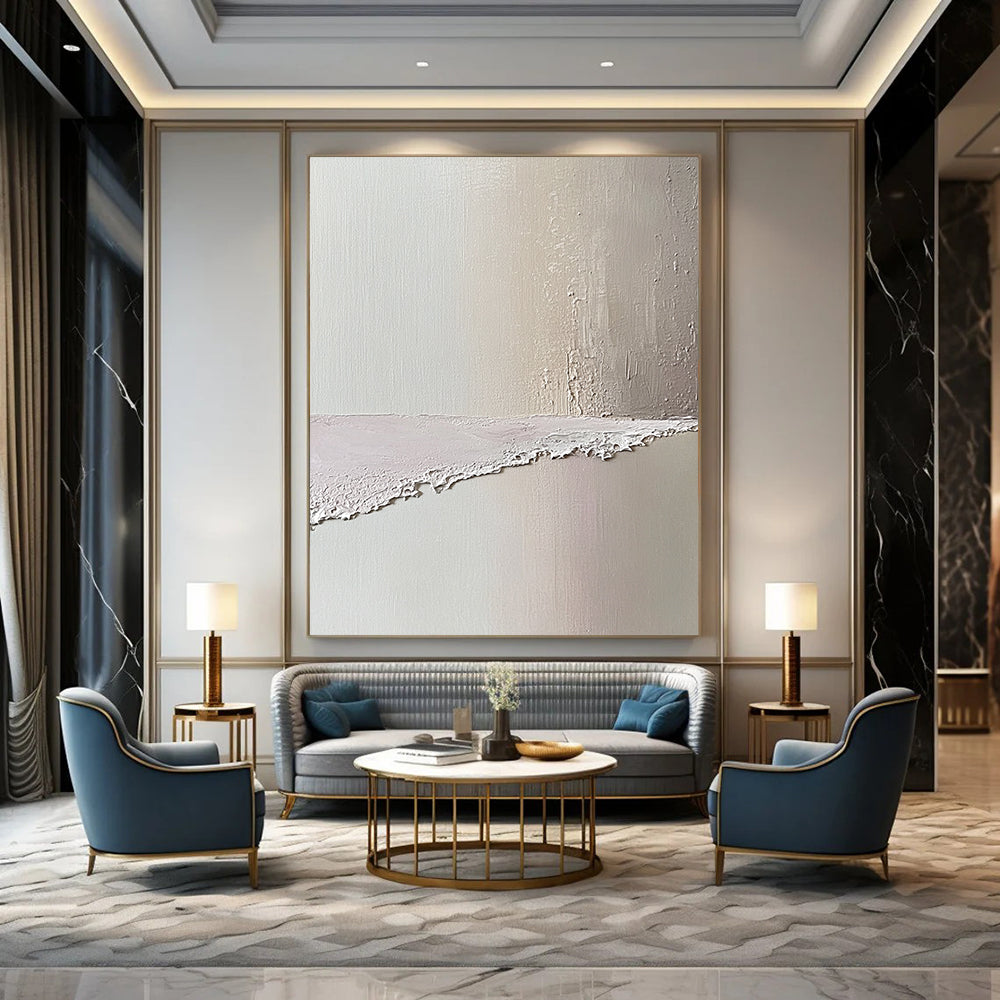 Contemporary abstract art featuring a serene beach scene in soft pastel pinks and whites evokes tranquility with textured oil paint aesthetics. DLZ1358