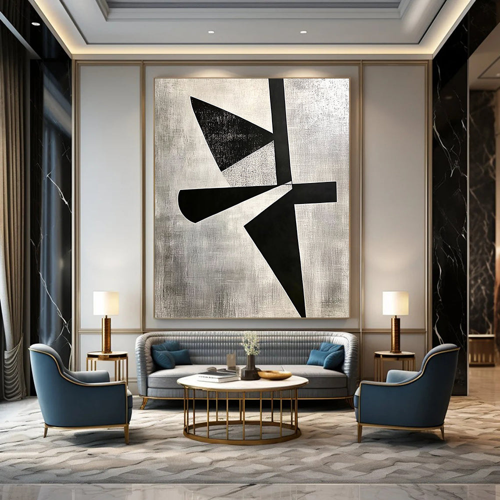 Contemporary hand-painted abstract art featuring high contrast shapes, cut paper collage, and negative space on a gray background in El Lissitzky style. DLZ1143