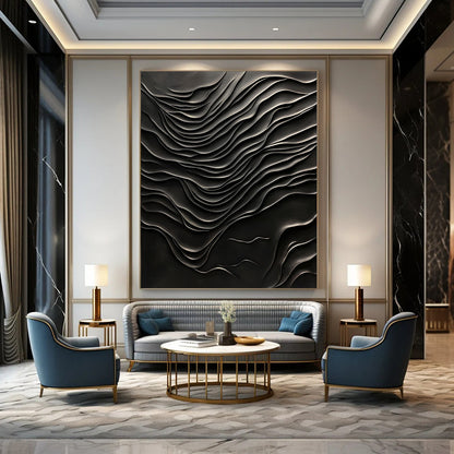 Contemporary hand-painted abstract artwork featuring a dark textured wall with wave-like patterns, evoking deep emotions and hidden depths. DLZ1240