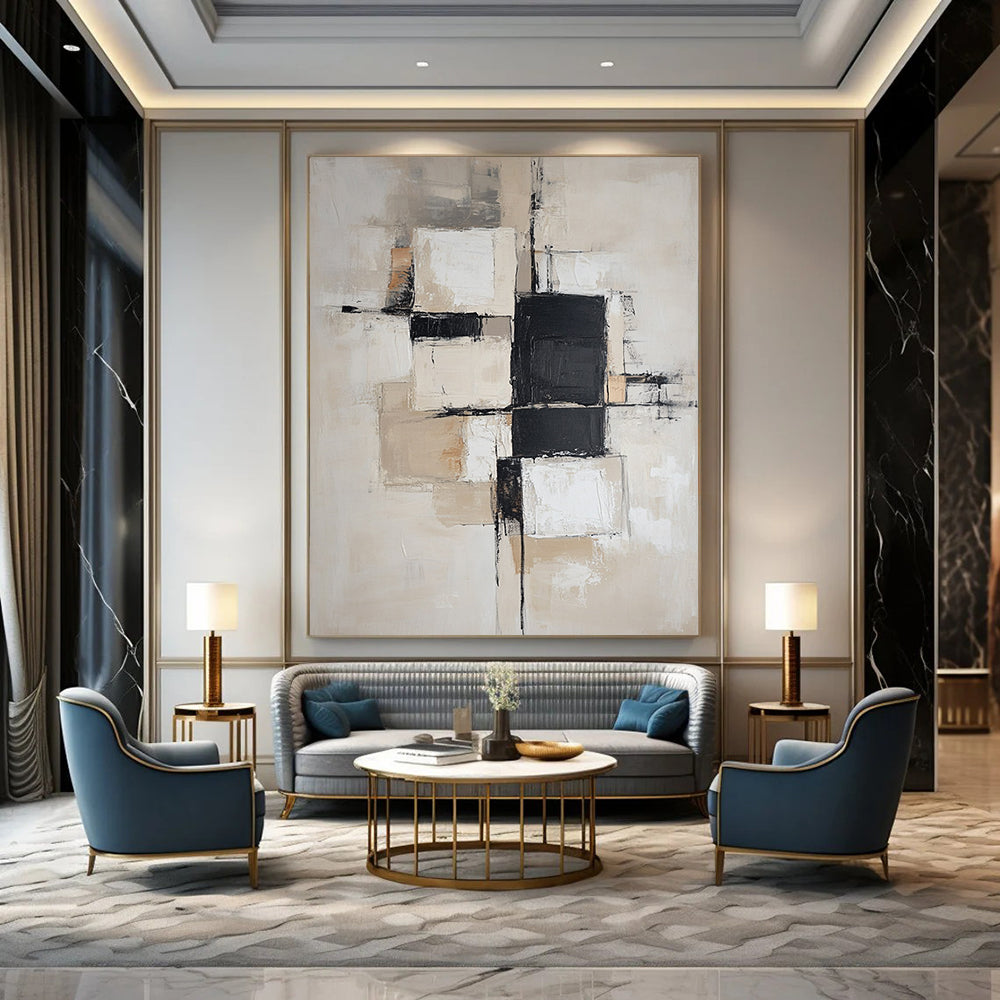 Contemporary hand-painted abstract art featuring soft beige and white blocks with black squares, designed with a neutral color palette and gentle edges. DLZ0517