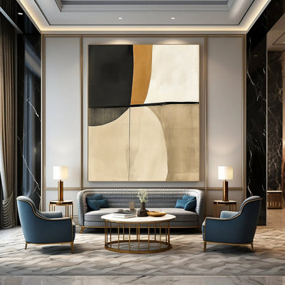 Contemporary hand-painted abstract artwork featuring beige and white tones with striking black accents resembling elegant shapes inspired by shoulder pads. DLZ1258