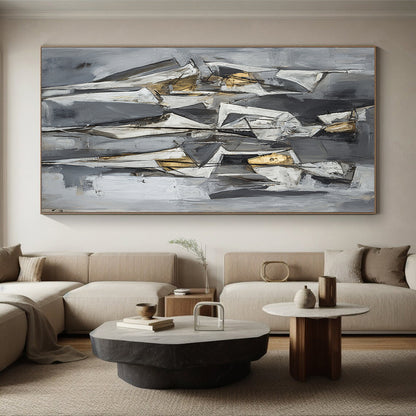 Gray, White, Black and Gold Cubist Figures "Ethereal Forms" Painting On Canvas HB375