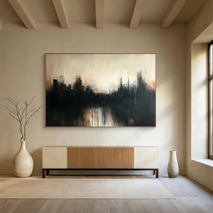 “Misty City Silhouette” - Black, Gray, Beige, Abstract Hazy Cityscape Painting On Canvas HB1077