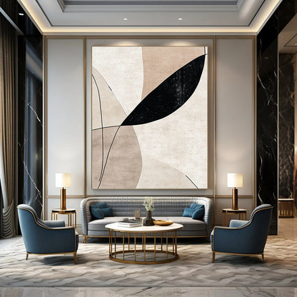 Contemporary handcrafted abstract art featuring elegant lines and curves in beige tones with striking black accents, perfect for sophisticated decor. DLZ0797