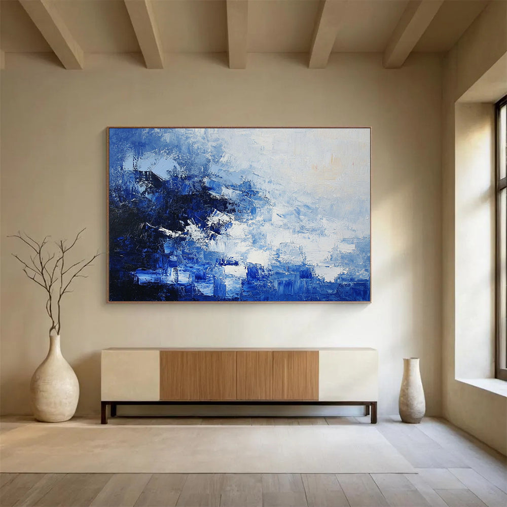 “Blue - White Abstract Textured Layers” - Blue, White, Layered Textures Painting On Canvas HB0836