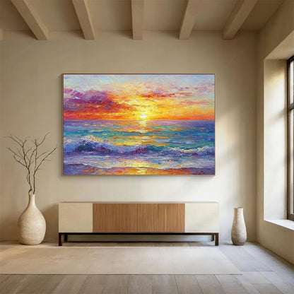 “Vibrant Sunset Over Ocean” - Oranges, Pinks, Purples, Blues, Ocean Sunset - Impasto Oil Painting HB1566