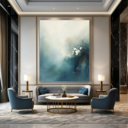 Contemporary hand-painted abstract art features misty clouds and delicate white flowers in blue-green tones, evoking mystery and tranquility with soft textures. DLZ0558