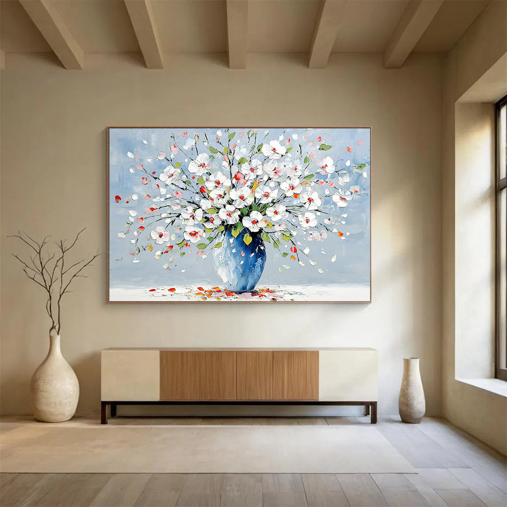 “Colorful Floral Vase” - White, Pink, Red, Green, Blue, Floral Bouquet in a Vase - Impasto Oil Painting HB1782