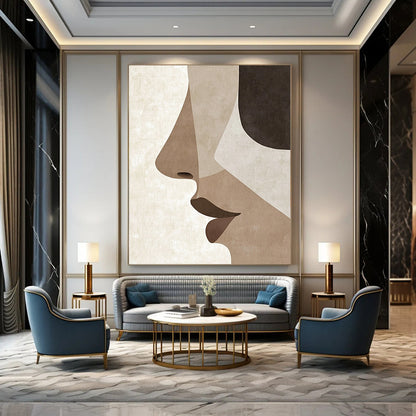 Contemporary hand-painted abstract art showcases minimalist Japandi style with simple facial features and a serene palette of earthy tones. DLZ1628