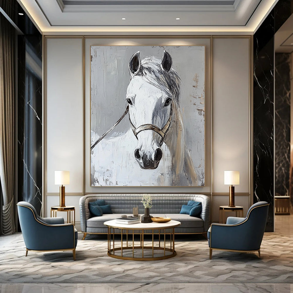 Contemporary abstract painting featuring a white horse head on a grey background showcasing vibrant colors and dynamic brushstrokes. DLZ1744