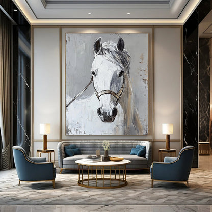 Contemporary abstract painting featuring a white horse head on a grey background showcasing vibrant colors and dynamic brushstrokes. DLZ1744