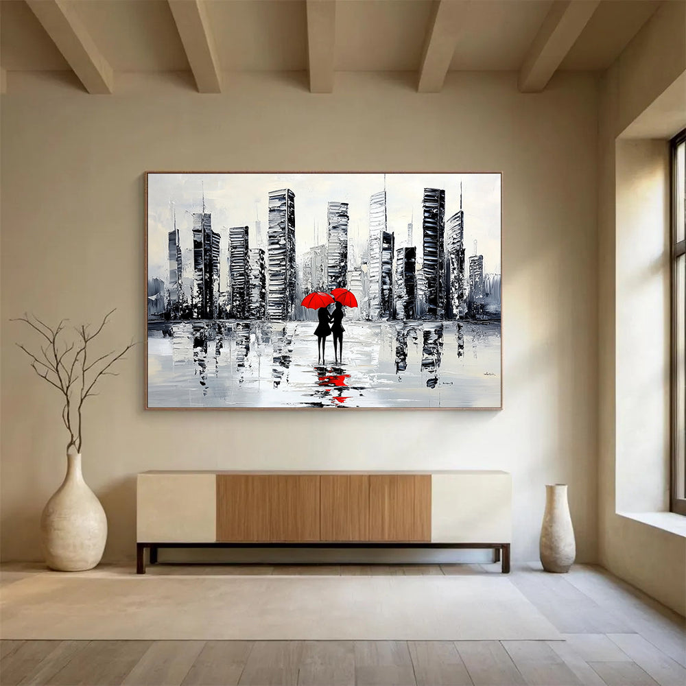 “City Lovers with Red Umbrellas” - Black, White, Red, Urban Couple Scene Painting On Canvas HB0849