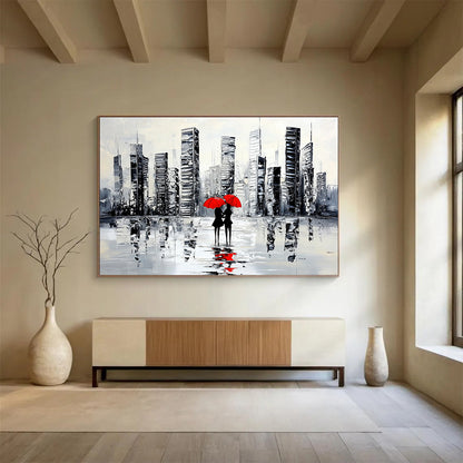 “City Lovers with Red Umbrellas” - Black, White, Red, Urban Couple Scene Painting On Canvas HB0849