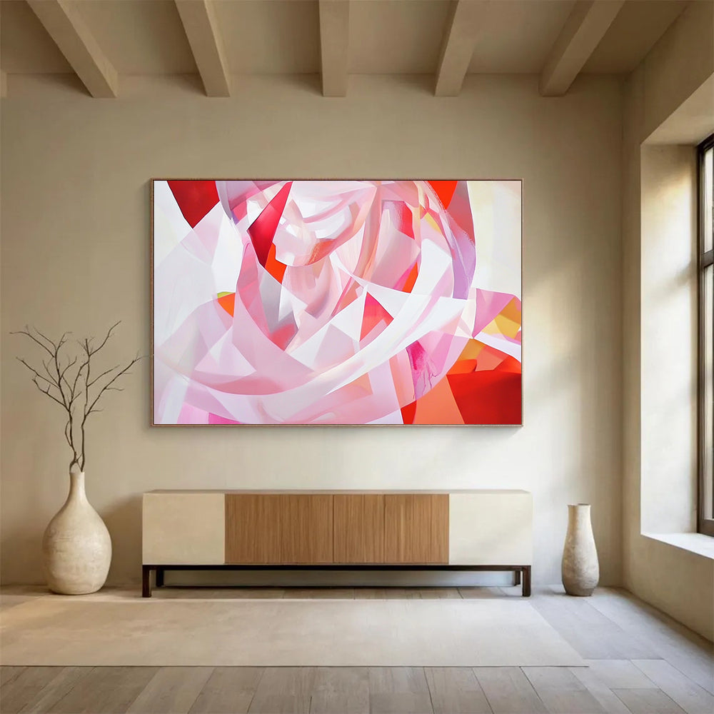 “Pink Geometric Twirl” - Shades of pink, reds, whites; Abstract geometric shapes; Modern Abstract Painting On Canvas HB1160