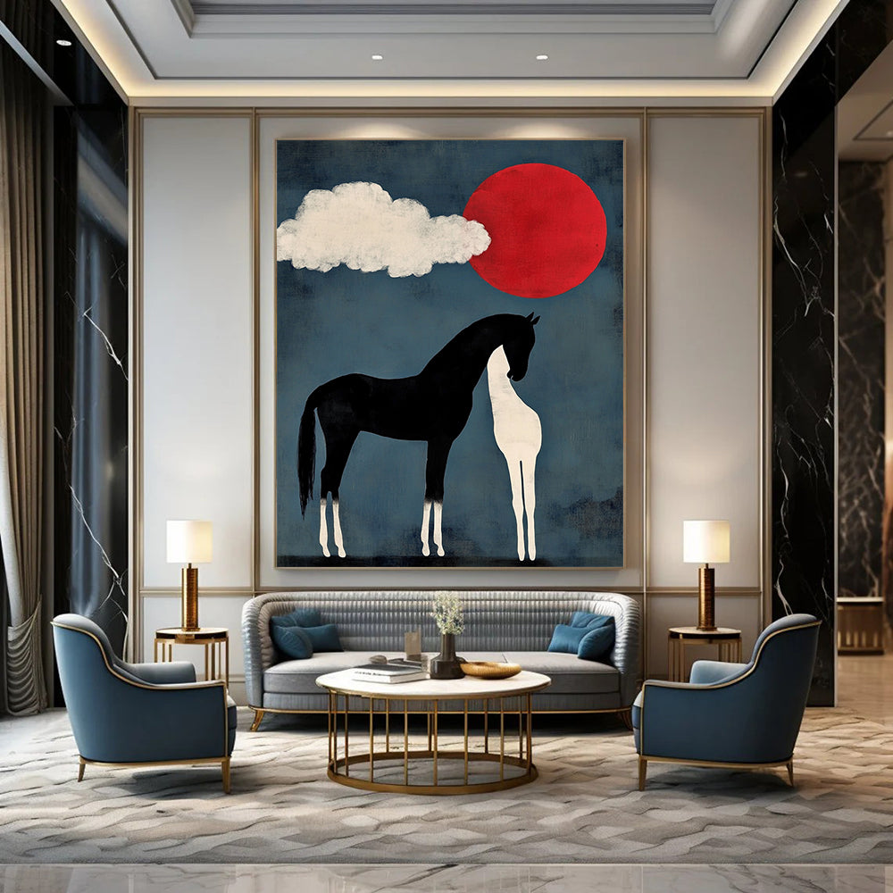 Contemporary abstract art featuring a black horse with white legs and tail beside a cloud shaped like two heads with a red sun setting in a blue sky. DLZ1147