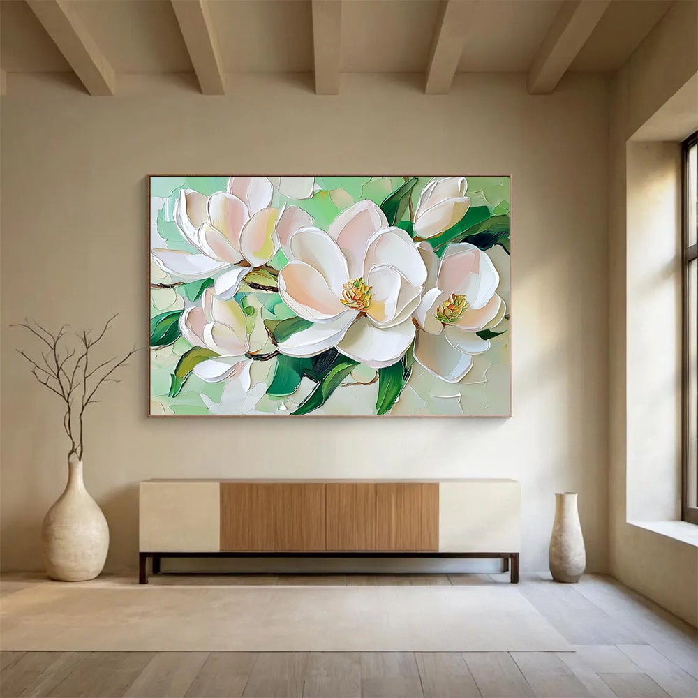 “Pastel Magnolias on Green” - White, Pink, Green, Pastel - colored magnolias on green - Impasto Oil Painting HB1788
