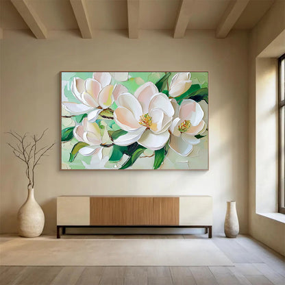 “Pastel Magnolias on Green” - White, Pink, Green, Pastel - colored magnolias on green - Impasto Oil Painting HB1788