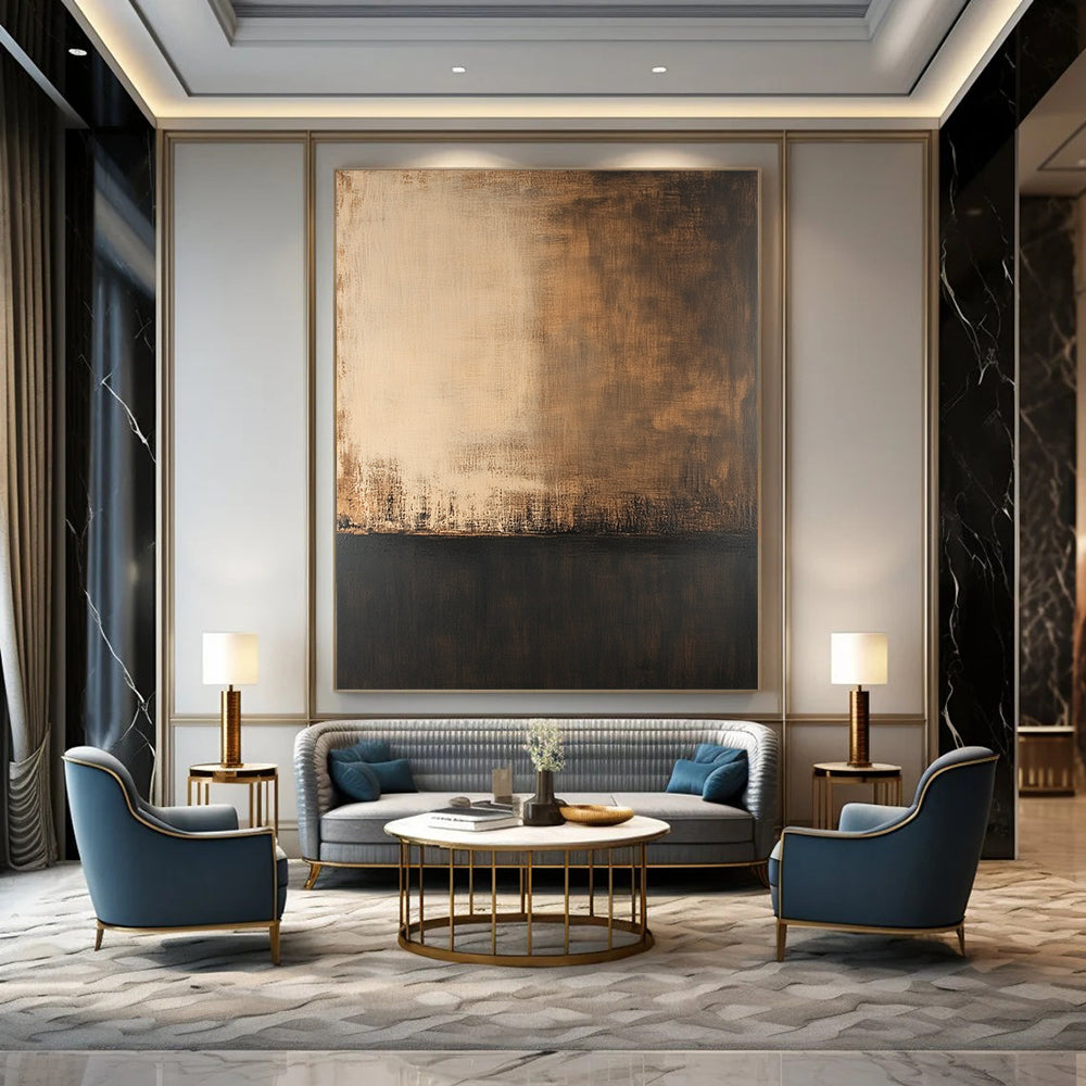 Large contemporary hand-painted abstract artwork featuring soft edges dark tones and a solid color base with a delicate transparent texture. DLZ0368