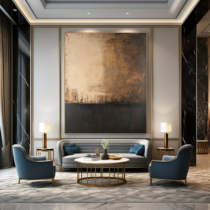 Large contemporary hand-painted abstract artwork featuring soft edges dark tones and a solid color base with a delicate transparent texture. DLZ0368