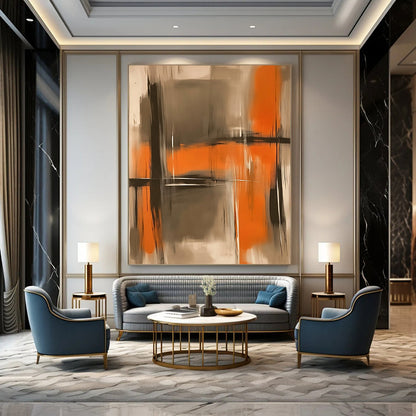 Contemporary hand-painted abstract artwork featuring soft oranges and grays with blurred figures and a grainy texture for a hazy atmospheric effect. DLZ1015