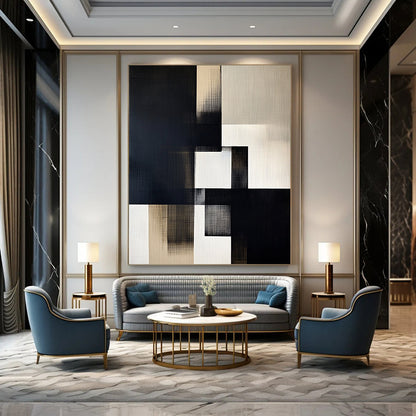 Contemporary hand-painted abstract artwork featuring black, white, and gray geometric shapes on off-white linen with illuminated highlights. DLZ1307