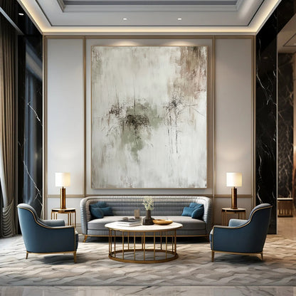 Contemporary hand-painted abstract artwork features a minimalist composition with subtle textures and muted tones of gray green and brown. DLZ0817