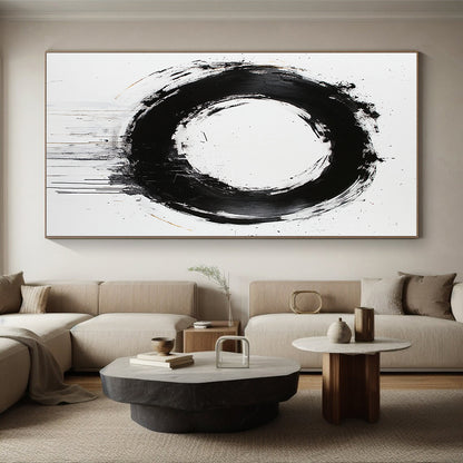 White, Black and Gold Abstract Circle "Refined Enso" Painting On Canvas HB367