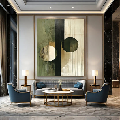 Contemporary abstract artwork featuring circles and lines in beige olive green white and black showcasing deconstructed geometric elements on canvas texture. DLZ0375