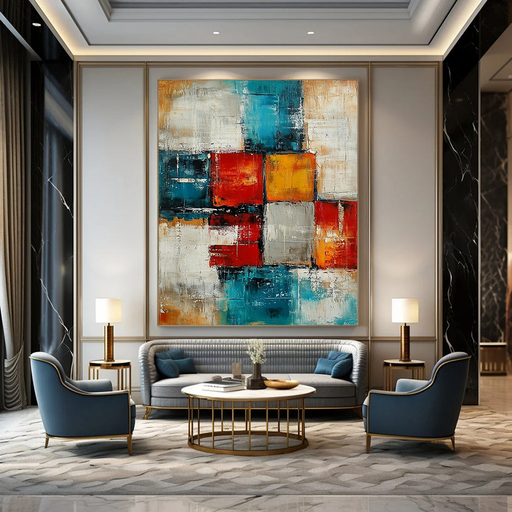 Contemporary abstract artwork featuring textured blocks and squares in teal, reds, oranges, gray, cream, and beige for a vibrant atmosphere. DLZ0478