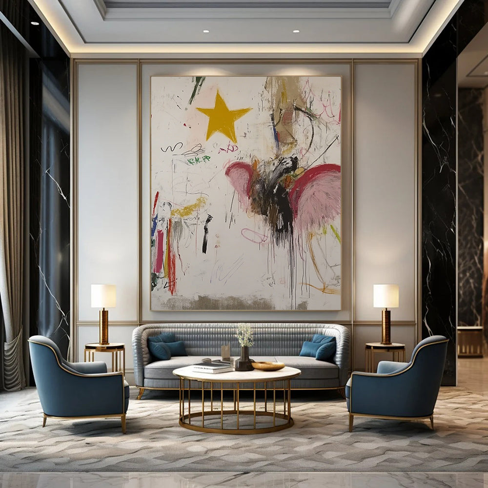 Large contemporary hand-painted abstract artwork featuring an angel with vibrant colors whimsical designs and a yellow star on a white background. DLZ0858