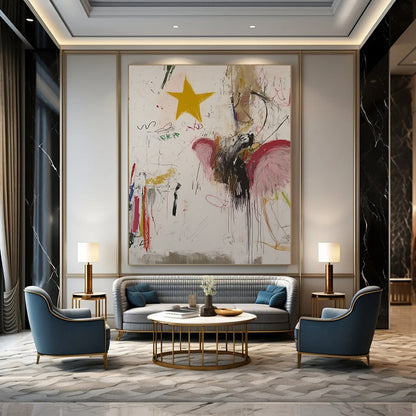 Large contemporary hand-painted abstract artwork featuring an angel with vibrant colors whimsical designs and a yellow star on a white background. DLZ0858