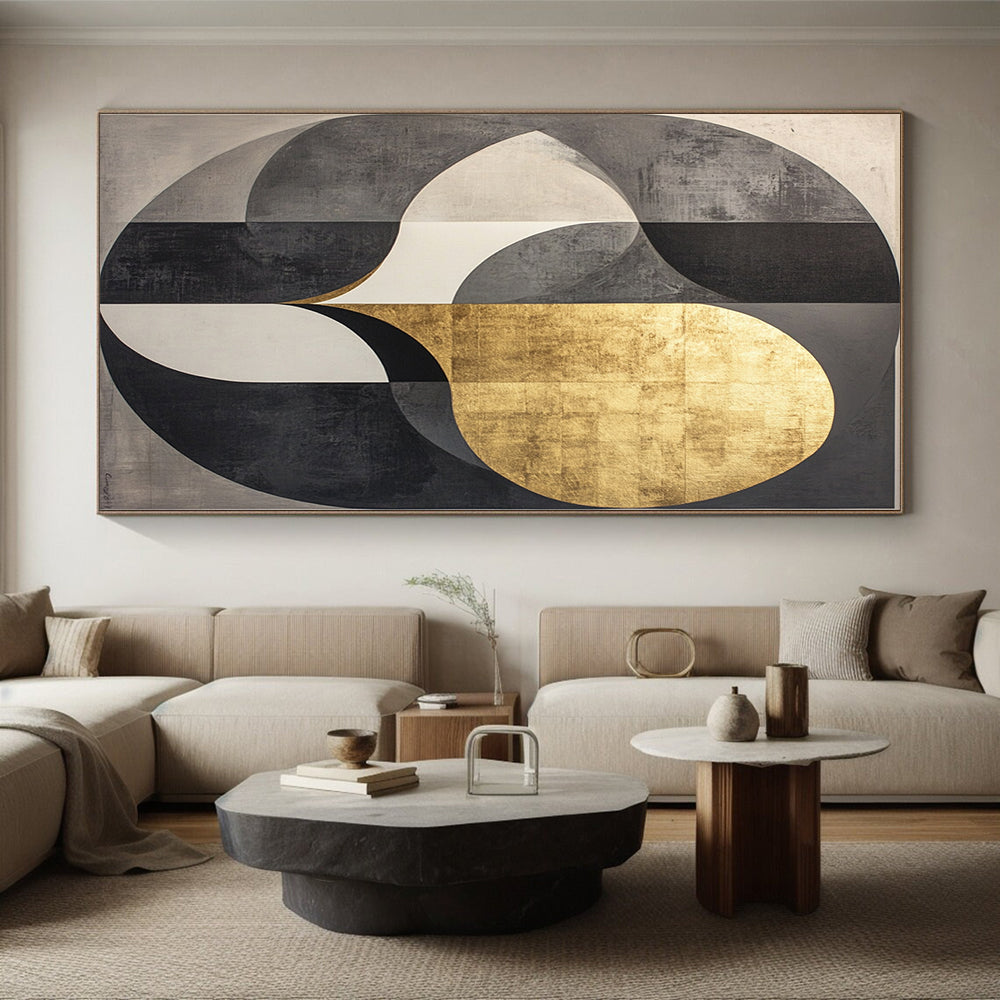 Black, Gray, White, Gold, Intertwined Circles "Gilded Unity" Abstract Cubist - Inspired Painting On Canvas HB117